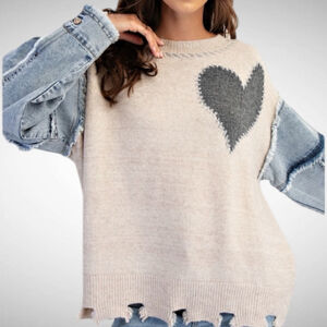 Easel Heart Patch Denim Sleeves Knit Sweater Oatmeal Size S